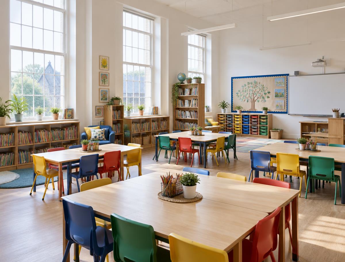 A light-filled classroom ready for learning